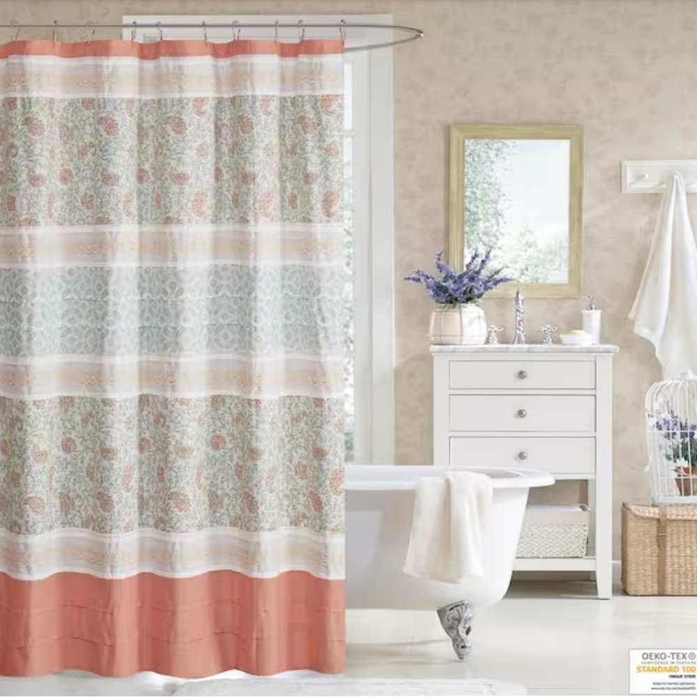 Madison Park NEW Vanessa Cotton Floral Stripe Shower Curtain in Coral 72"x72"